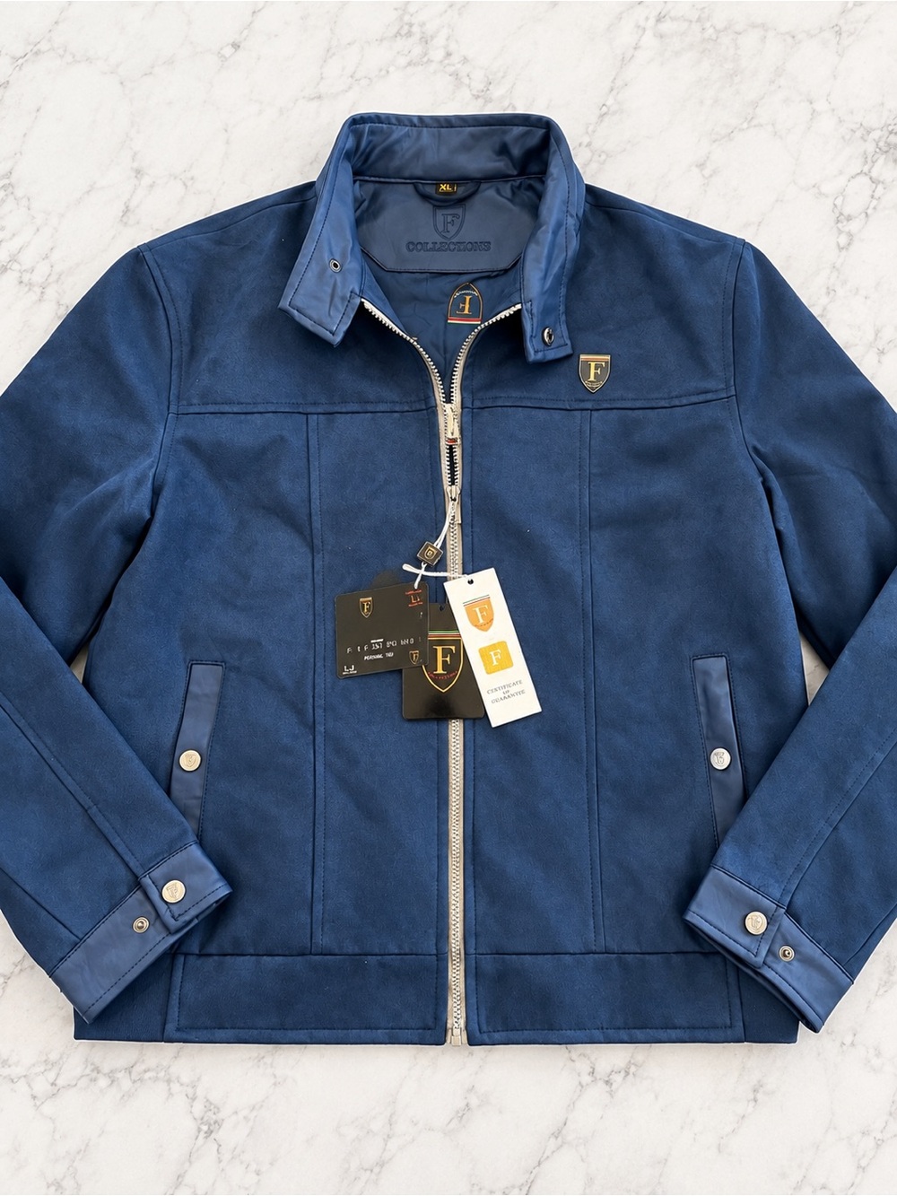 F Collections Mens XL Navy Faux Suede Leather Jacket Made in Italy NWT